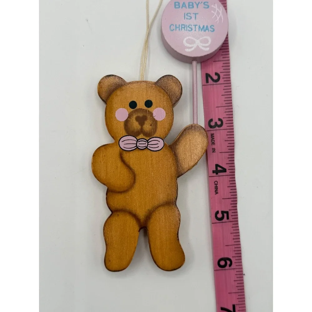 Vintage Style Wooden Teddy Bear Baby's 1st Christmas Ornament Pink Balloon Brown